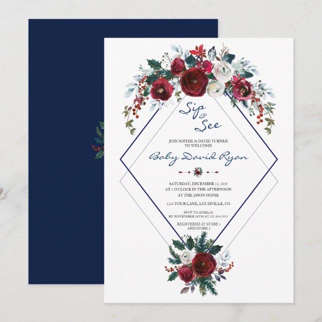 Invitation Charm Bourgogne Floral Navy Sip & Voir Baby shower (Devant / Derrière)