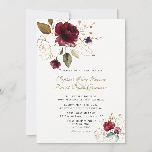 Invitation Charm Bourgogne Gold Flowers Monogramme Mariage (Devant)