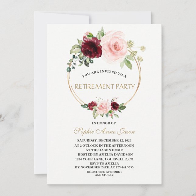 Invitation Charm Burgundy Blush Floral Gold Retraite Party (Devant)