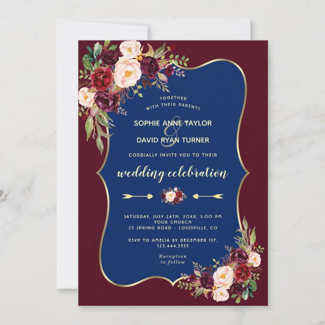 Invitation Charm Burgundy Navy Blue Gold Floral Mariage (Devant)