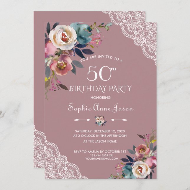 Invitation Charm Dusty Blue Dusty Rose Fleurs 50e anniversair (Devant / Derrière)