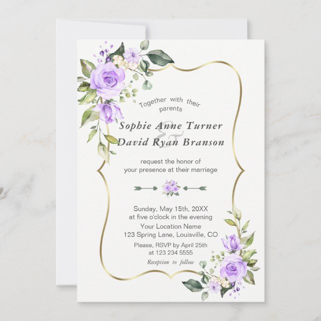 Invitation Charm Lavender Flowers Gold Frame Mariage (Devant)