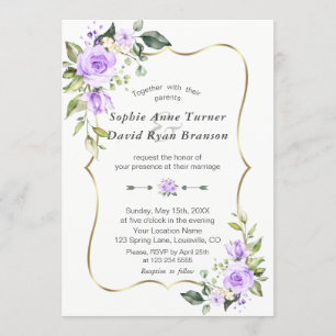 Invitation Charm Lavender Flowers Gold Frame Mariage