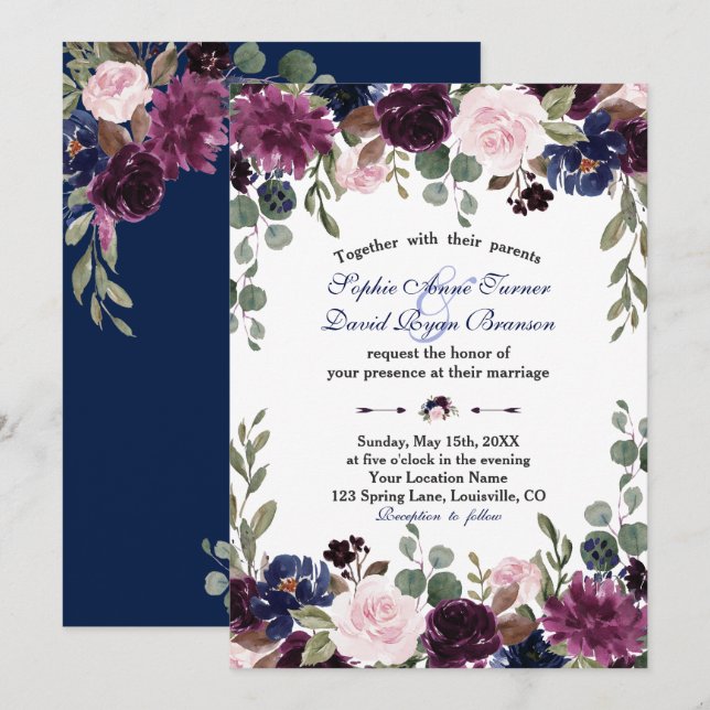 Invitation Charm Lavender Marine bleu Floral Floral Mariage (Devant / Derrière)