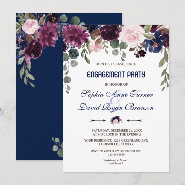 Invitation Charm Lavender Navy Blue Floral Engagement Party (Devant / Derrière)