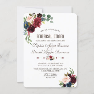 Invitation Charm Merlot Navy Blue Floral Rehearer Dîner