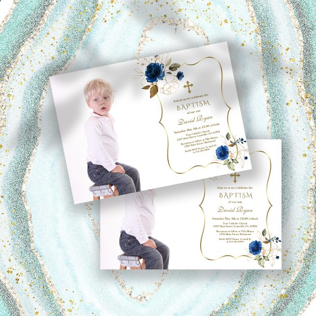 Invitation Charm Navy Blue Floral Gold Boy Photo Baptême (blue flowers boy photo baptism, trendy blue floral photo baptism, blue gold boy photo baptism)