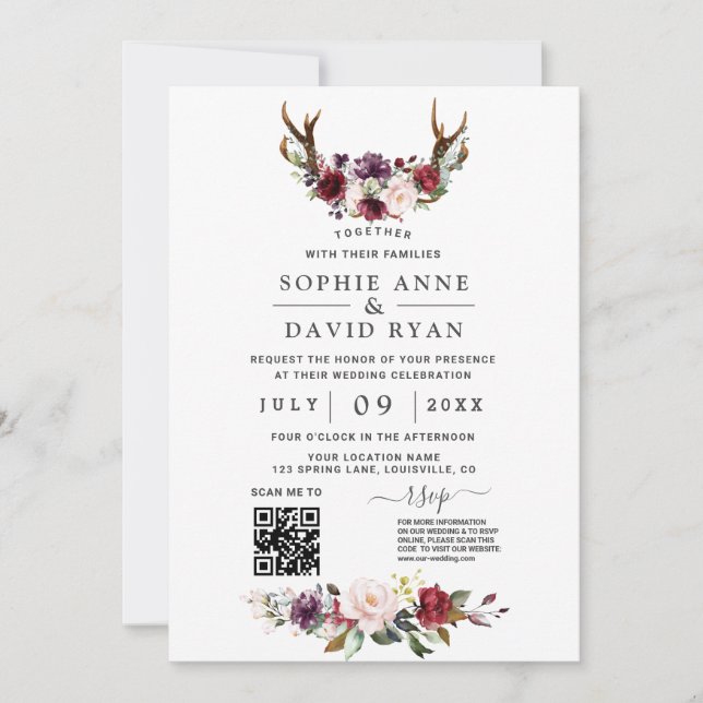 Invitation Charm QR Code Aquarelle Fleurs Antlers Mariage (Devant)