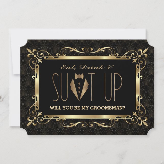 Invitation Charm Roaring 20s Gold Art Déco Soyez mon Groomsma (Devant)