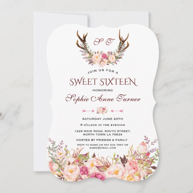 Invitation Charm Rose Blush Floral Antlers Monogram Sweet 16 (Devant)