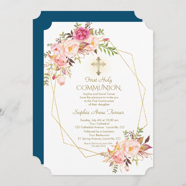 Invitation Charm rose Fleurs Rouges Or Frame Sainte Communion (Devant / Derrière)