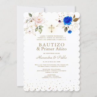 Invitation Charm Twins Rose Bleu Fleurs Primer Añito Bautizo