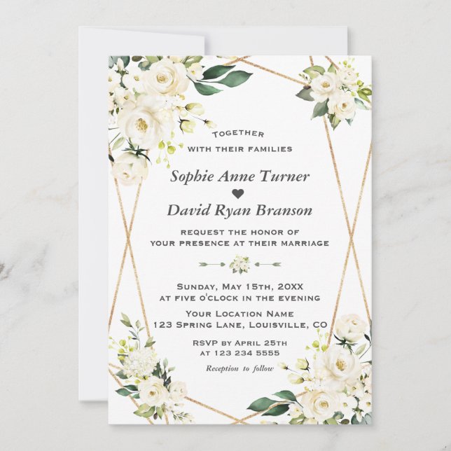 Invitation Charm White Flowers Gold Monogram Wedding (Devant)