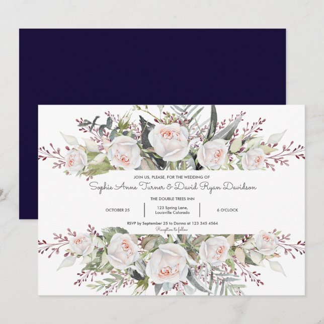Invitation Charmant Aquarelle Fleurs blanches Mariage cadre (Devant / Derrière)