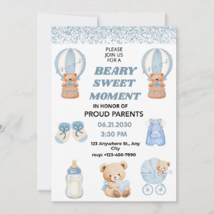 INVITATION CHARMANT BLEU CIEL 5X7  OURSON GARÇON BABY SHOWER