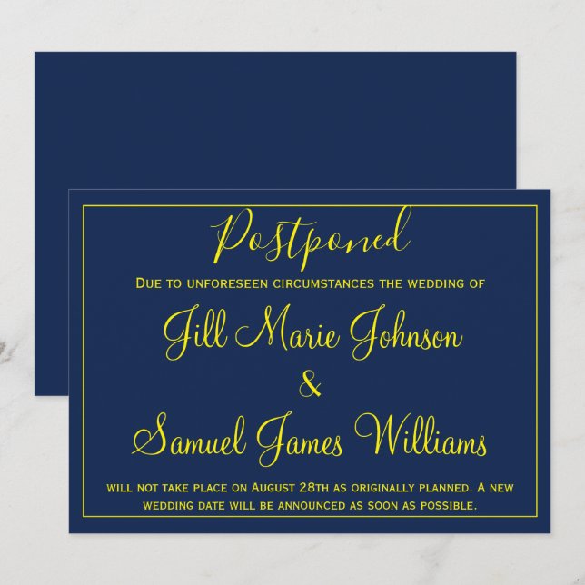 Invitation Charmant bleu et jaune mariage changement de plan (Devant / Derrière)