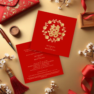 Invitation Charmant Double Bonheur Chinois Floral Pailleté