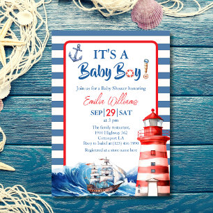Invitation Charmant Marin Rayé Bleu Rouge Ahoy Bébé Garçon