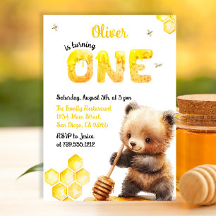 Invitation Charmant Ours Jaune Miel Premier Anniversaire