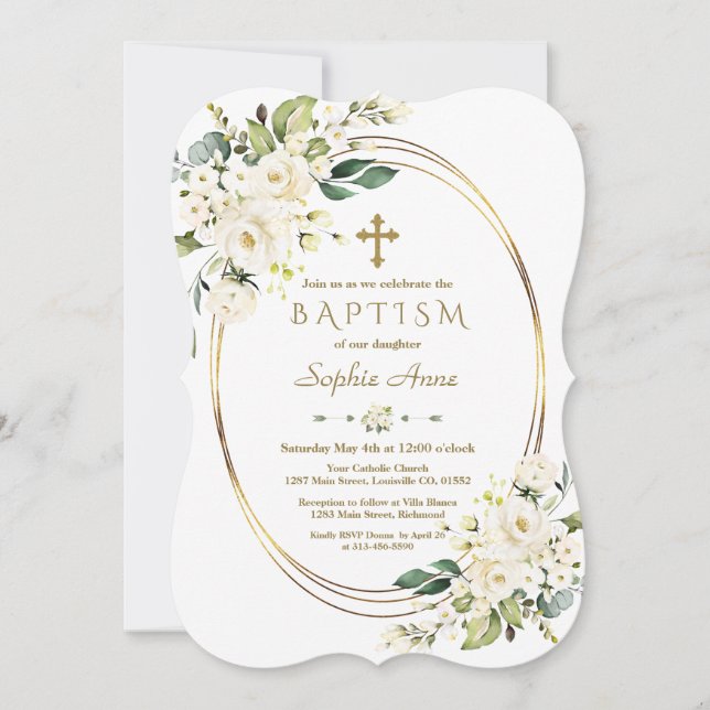 Invitation Charmante Fleurs Blanches Croix Or Cadre Baptême (Devant)