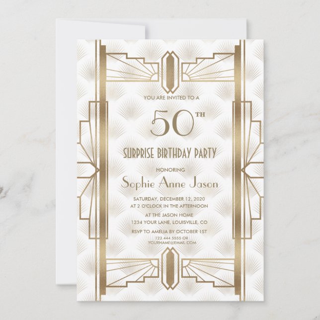 Invitation Charmante Gold Great Gatsby Art Déco fête d'annive (Devant)