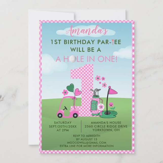 Invitation Charmante Golf Rose Girl 1er anniversaire Par-Tee (Devant)
