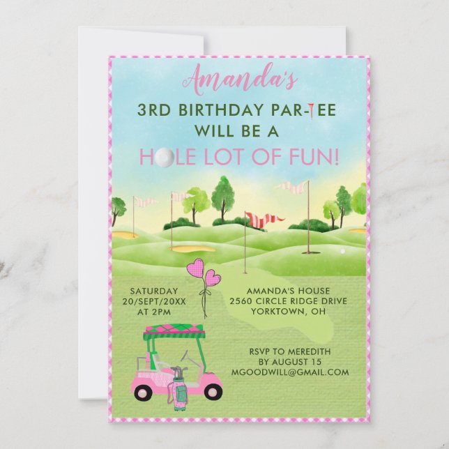 Invitation Charmante Golf Rose Girl 3e anniversaire Par Tee (Devant)