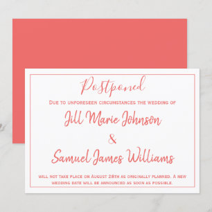Invitation Charmante Mariage Coral et Blanc reportée