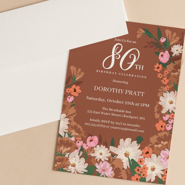 Invitation Charmante Terracotta Automne Floral 80e Anniversai (Créateur téléchargé)