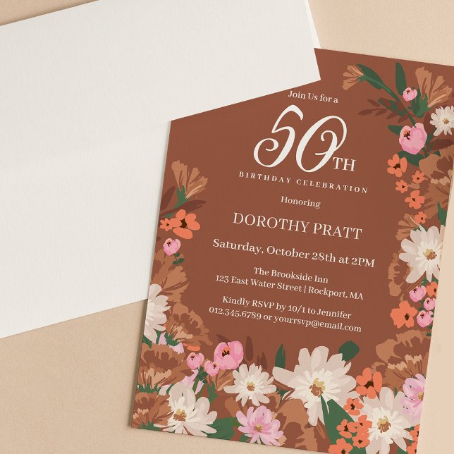 Invitation Charmante Terracotta Fall Floral 50e anniversaire (Créateur téléchargé)