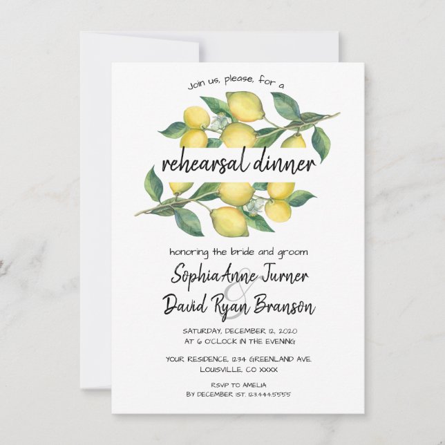 Invitation Charme Aquarelle Citron Dîner De Répétition Tropic (Devant)