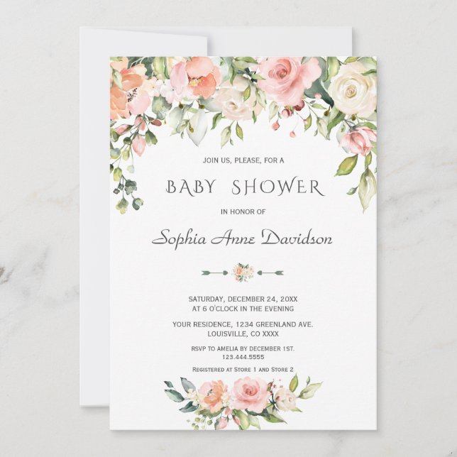 Invitation Charme Aquarelle Crème Bleue Baby shower Floral (Devant)