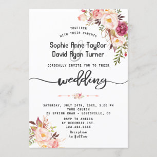 Invitation Charme Aquarelle rose pâle Mariage floral