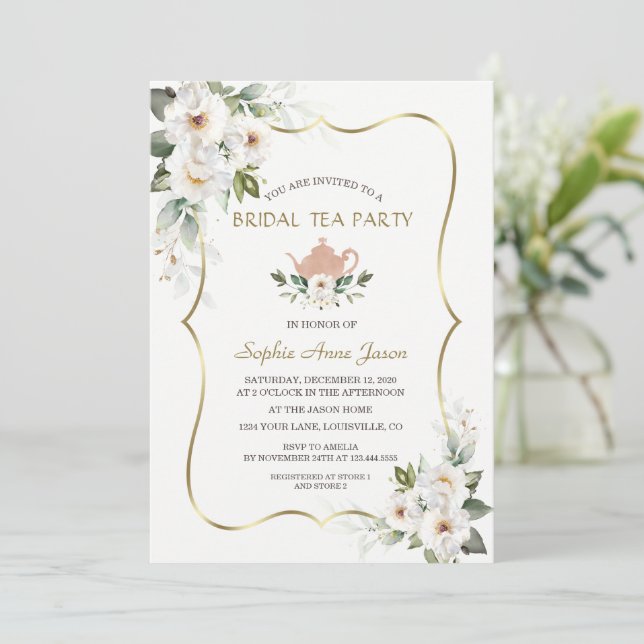 Invitation Charme Blanc Floral Gold Fête des mariées Tea Part (Debout devant)