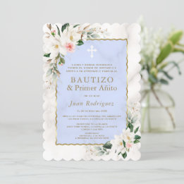 Invitation Charme Blanc Magnolia Espagnol 1er Anniversaire Ba