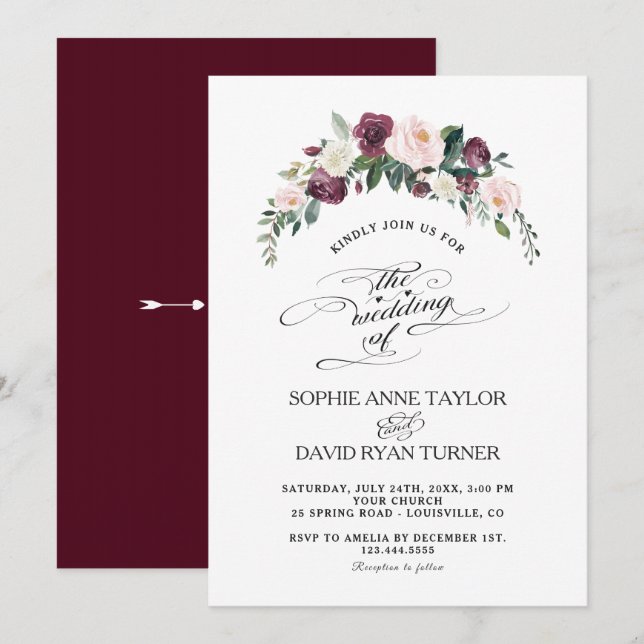 Invitation Charme Bourgogne Blush Ivory Florom Mariage (Devant / Derrière)