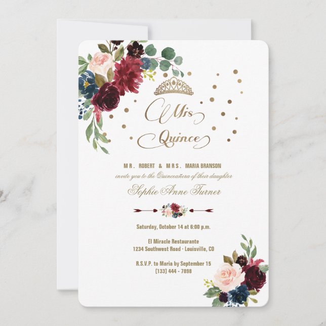 Invitation Charme Bourgogne Floral Or Mis Quince Quinceañera (Devant)