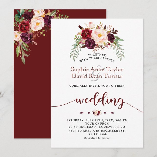 Invitation Charme Bourgogne Marsala Floral Mariage (Devant / Derrière)