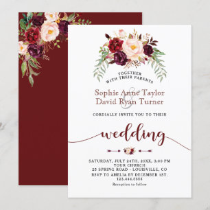 Invitation Charme Bourgogne Marsala Floral Mariage