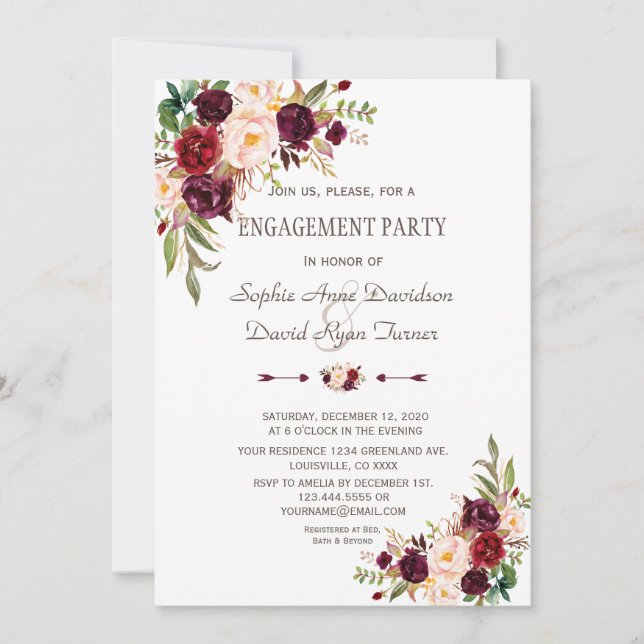 Invitation Charme Bourgogne Rouge Marsala Floral (Devant)