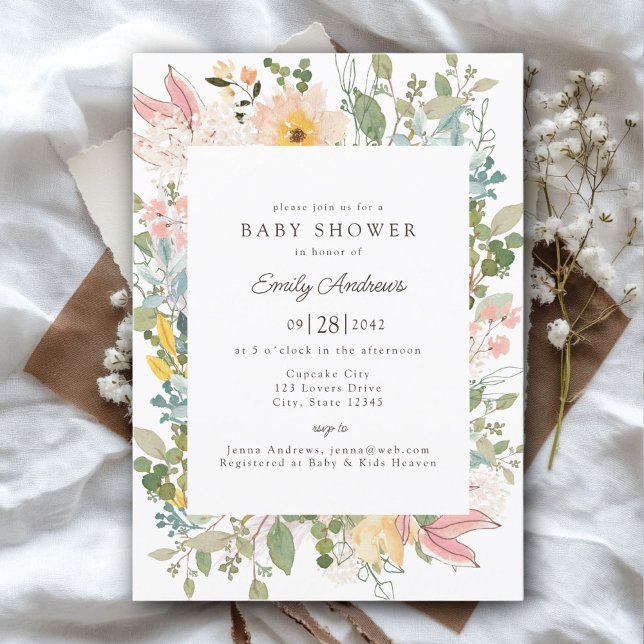 Invitation Charme de jardin fleur sauvage | Baby shower (Wildflower Garden Charm | Baby Shower White - Pastel Invitation, Print & Download.)