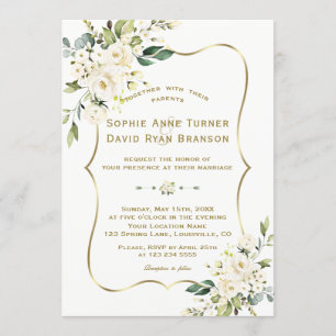 Invitation Charme Delicate Fleurs blanches Mariage cadre or