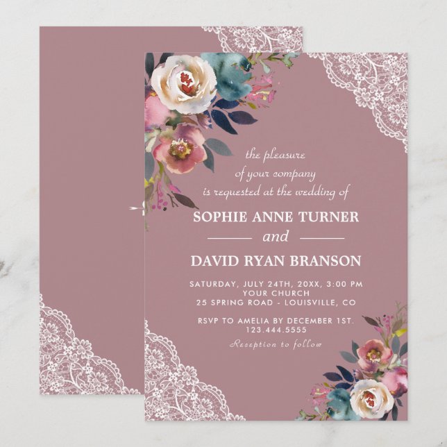 Invitation Charme Dusty Blue Dusty Rose Floral Mariage (Devant / Derrière)