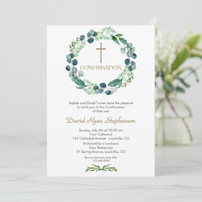 Invitation Charme Eucalyptus Foliage Cross Boy Confirmation (Debout devant)