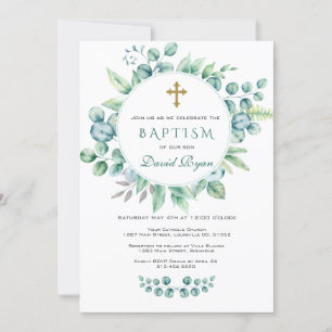 Invitation Charme Eucalyptus Verdure Wreath Cross Garçon Bapt