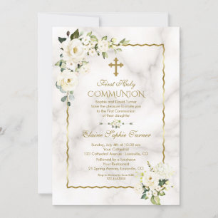 Invitation Charme Fleurs blanches Or Première Communion saint