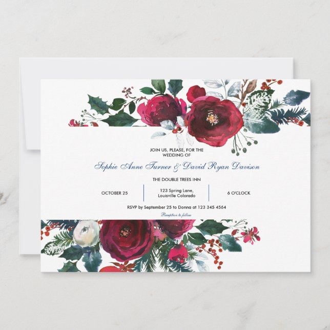 Invitation Charme Hiver Bourgogne Floral Pine Frame Mariage (Devant)