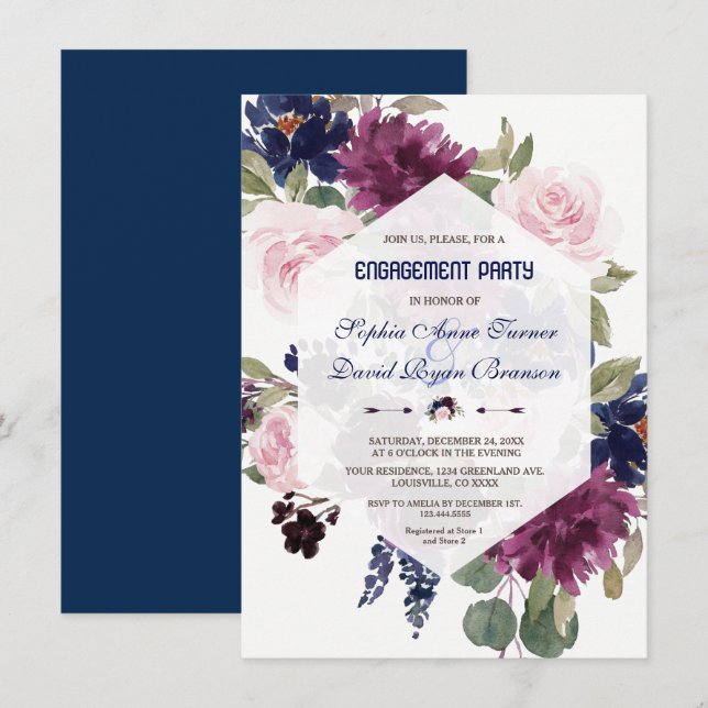 Invitation Charme Lavande Purple Floral Engagement Party (Devant / Derrière)