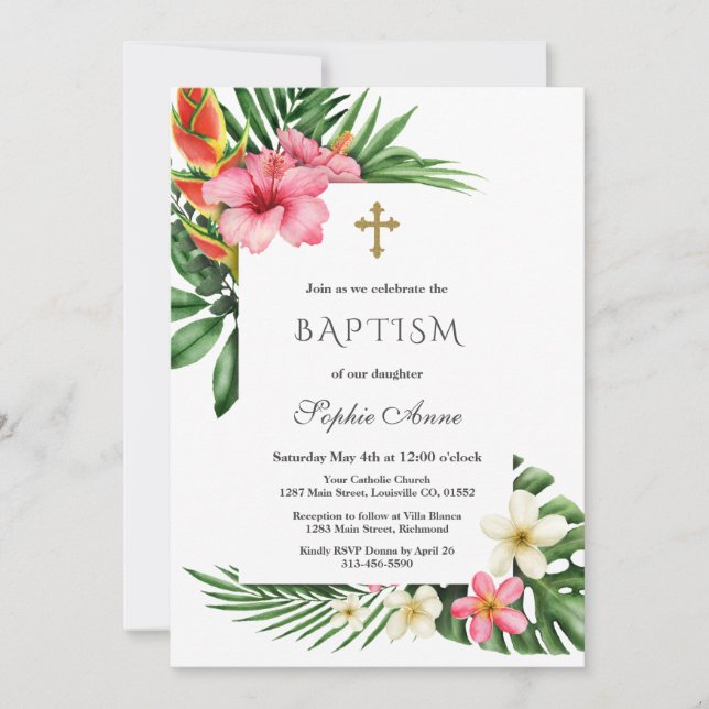 Invitation Charme Luau Hibiscus Tropical Baptême Floral (Devant)