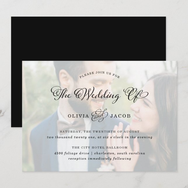 Invitation Charme mariage | Photo de calligraphie noir et bla (Devant / Derrière)